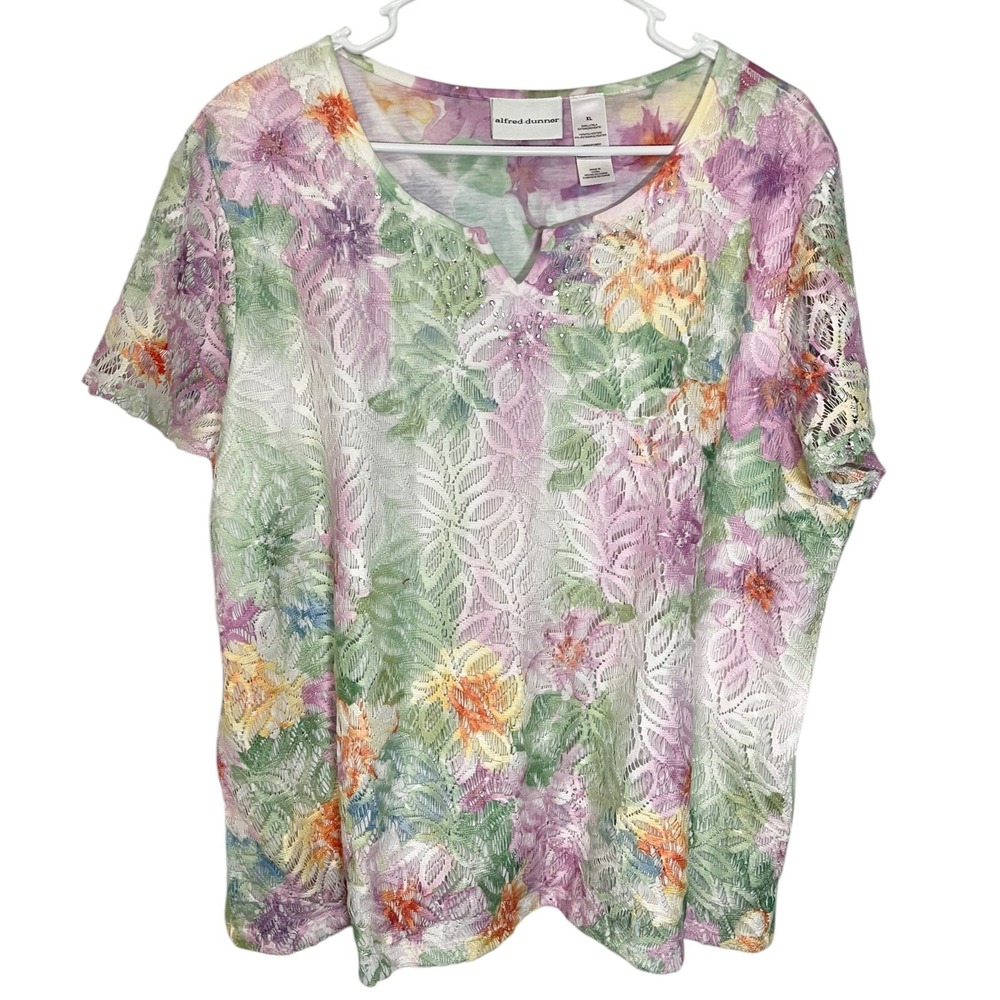 Alfred Dunner XL Multicolor Floral Lace Top Rhinestone V-Neck Grannycore Pastel